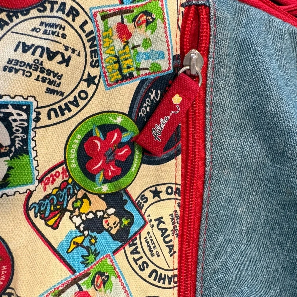 Aloha Hawaii Print Drawstring Backpack Denim Red Trim Summer Beach Bag